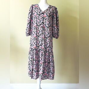 LC WAIKIKI CLASSIC Floral Black & Pink Women's 3/4 sleeve Midi Dress NWOT Size S